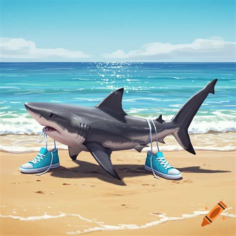 A cartoon great white shark wearing shorts and blue shoes walks on a ...