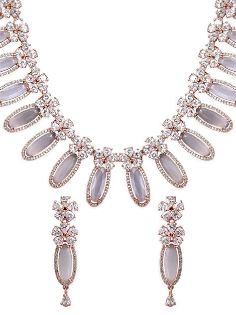 Rubans Rose Gold Plated White Beads American Diamond Necklace Set.