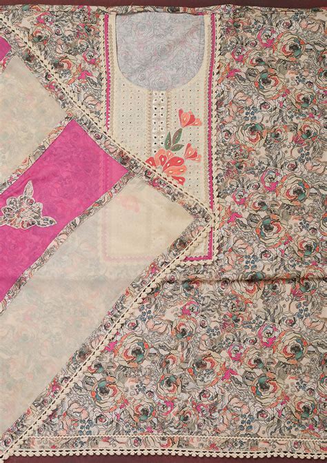 Buy Cream Threadwork Cotton Unstitched Salwar Suit - Koskii