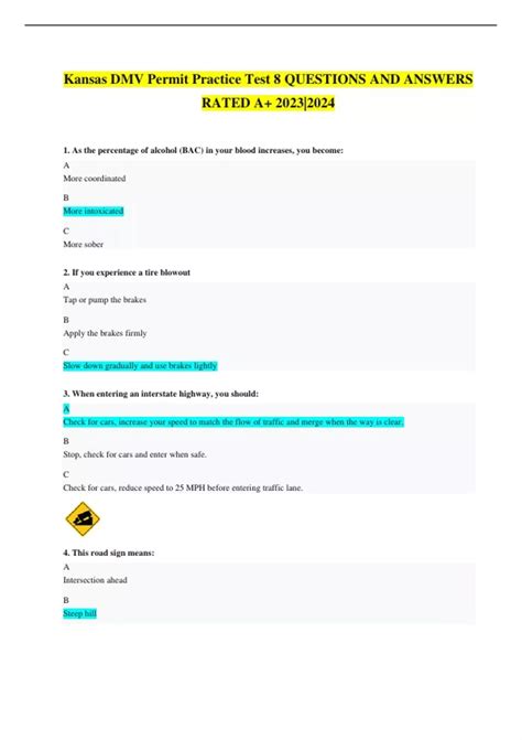 Kansas DMV Permit Practice Test 8 QUESTIONS AND ANSWERS RATED A+ 2023 ...