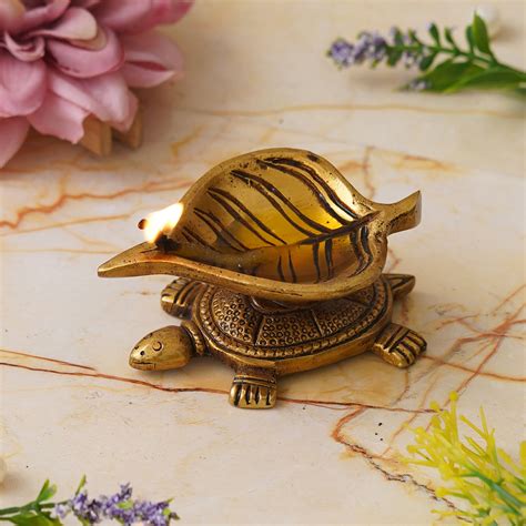 eCraftIndia Golden Handcrafted Tortoise Statue Leaf Design Decorative