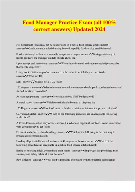 Food Manager Practice Exam (all 100% correct answers) Updated 2024 ...