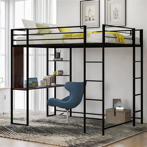 Full Size Loft Bed with Desk and Shelves, Metal Bed Frame with Ladders ...