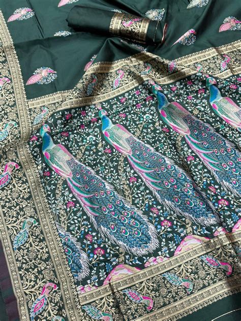 Luxuriant Dark Green Blue Soft Banarasi Silk Saree With Dissemble Blou ...