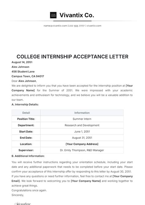 Free College Internship Acceptance Letter Template to Edit Online