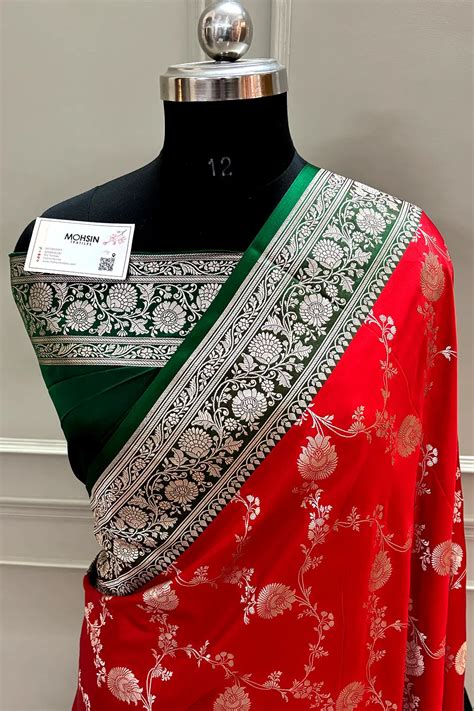 Red and Green Zari Katan Silk Banarasi Saree – Mohsin Textiles
