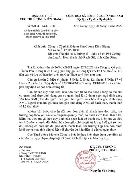 Công văn hướng dẫn lưu chứng từ hóa đơn điện tử file .pdf hay xml ...