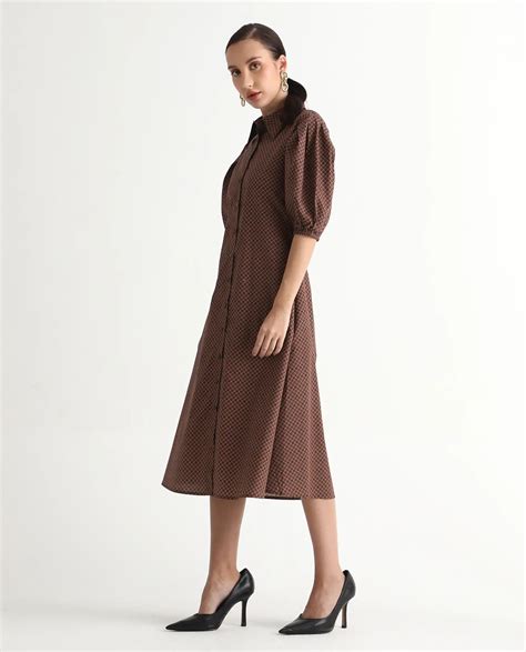 Rareism Women's Jembot Dark Green Cotton Collared Neck A-Line Geometri