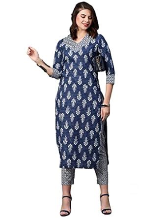 Buy GoSriKi Women's Cotton Blend Traditional Straight Printed Kurta and ...