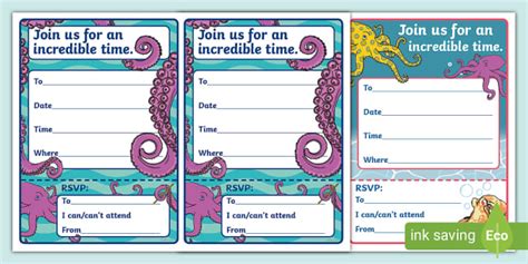 Octopus Themed Party Invitations for writing activities