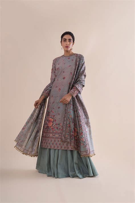 Handwoven stone grey Digital Printed Silk Kurta and palazzo With ...
