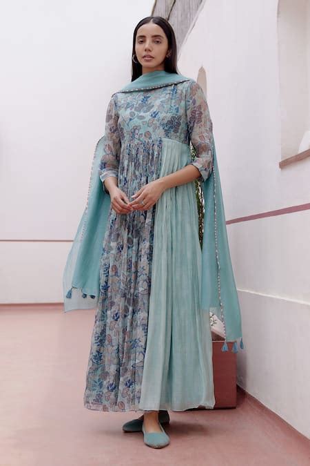 Buy Green Muslin Cotton Printed Floral Round Anarkali With Dupatta For ...