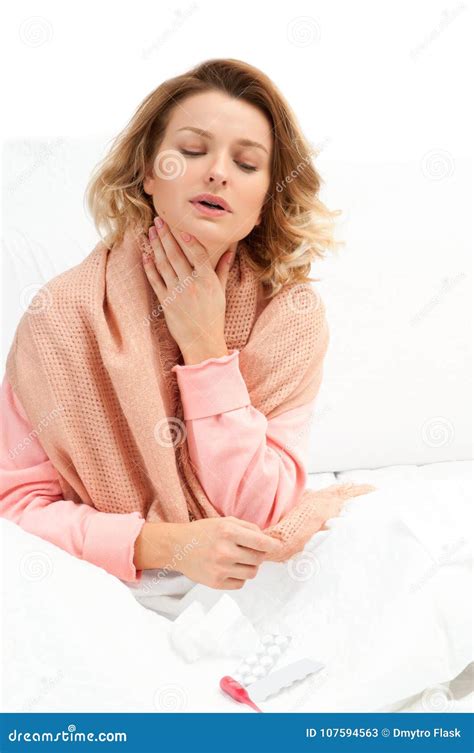 Woman Having a Cold, Flu. Sore Throat and Coughing Stock Image - Image of bedroom, medicine ...