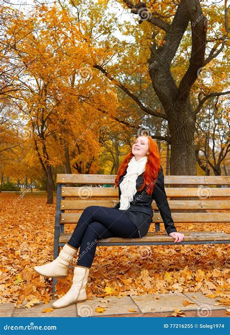 Beautiful Young Girl Portrait Sit on Bench in Park and Relax, Yellow ...