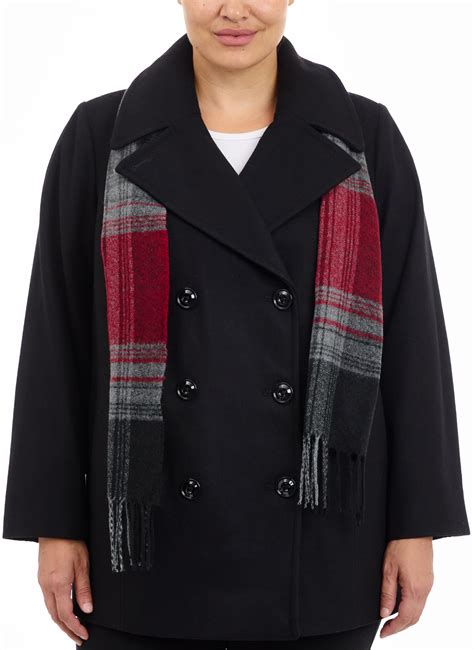 London Fog Women's Plus-Size Double Breasted Peacoat with Scarf, Black ...