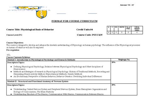 Biopsychology syllabus - Annexure ‘CD – 01’ FORMAT FOR COURSE ...