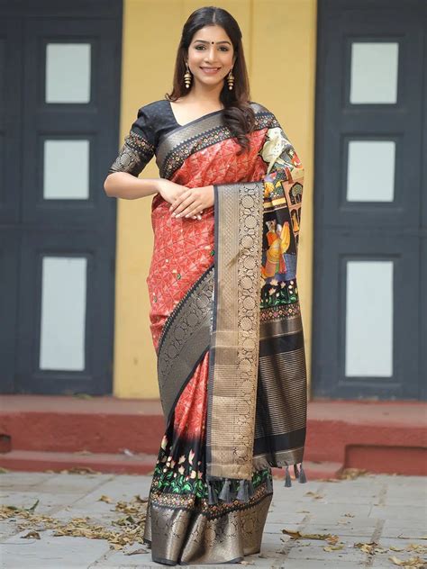 Buy Red Colour Viscose Dola Silk Saree with Pichwai Print