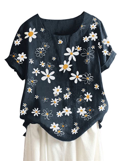 Plus Size Women Summer Daisy Flower Print Top Short Sleeve O-neck ...
