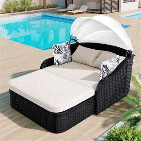 Outdoor Sunbed With Adjustable Canopy, Double Lounge, PE Rattan Daybed ...