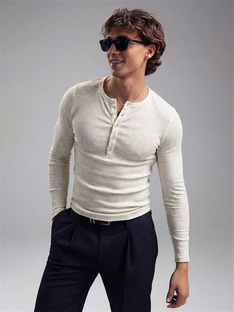 Ecru Melange Ribbed Long sleeves Henley | Buy Mens Tshirt | Fugazee ...