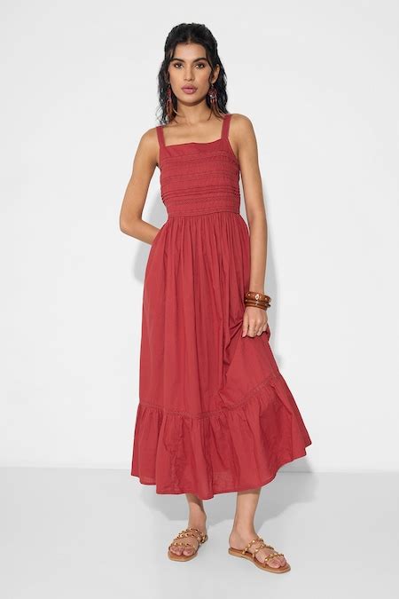 Red Strappy Square-Neck Midi Dress with Pintucks & Lace Detail ...