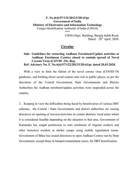 Guidelines for restarting Aadhaar Enrolment/Update activities at ...