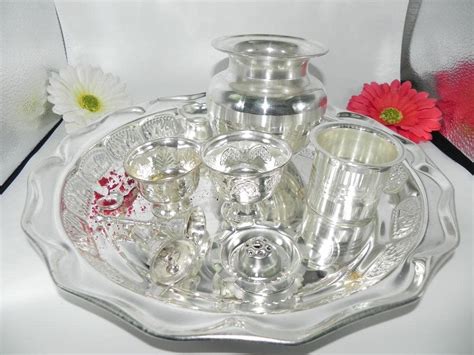 Buy SHIV HOME WORLD GermanSilverPoojaPlate Set,Silver White Pooja Set ...