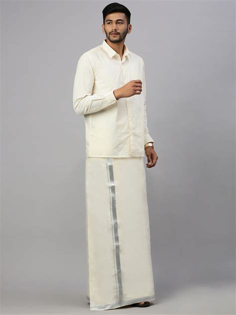 Men Kora Cotton Double Layer Dhoti with 1" Jari Border Silver Mark