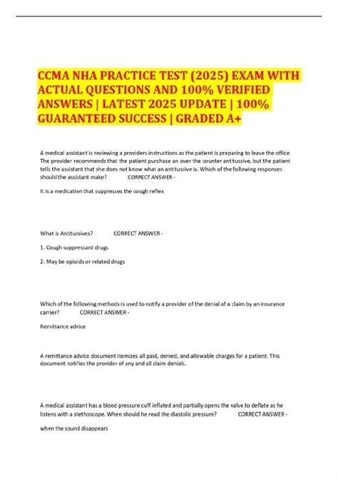 CCMA NHA PRACTICE TEST (2025) EXAM WITH ACTUAL QUESTIONS AND 100% ...