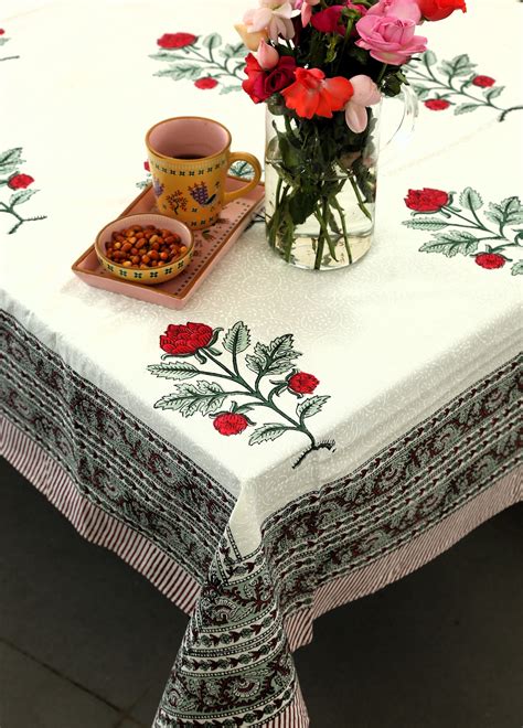 Buy Premium Hand Block Red Rose Rectangle 6 seater Table Cover At Best ...