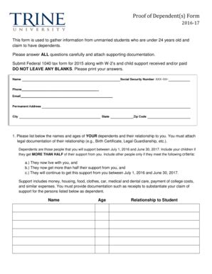 Fillable Online trine 2016-17 Proof of Dependents Form - trineedu Fax ...