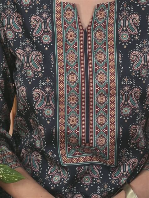 Buy Navy Blue Printed Crepe Straight Kurta With Trousers & Dupatta ...