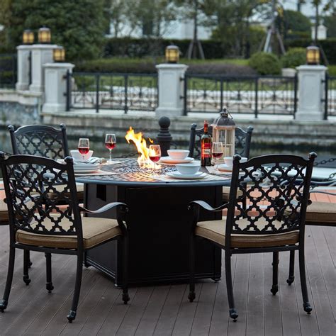 Madison 5 Piece Cast Aluminum Patio Fire Pit Dining Set W/ 60 Inch ...