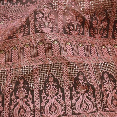 Buy Peach Sequin Net Embroidery Fabric Indian Saree Embroidered Fabric ...