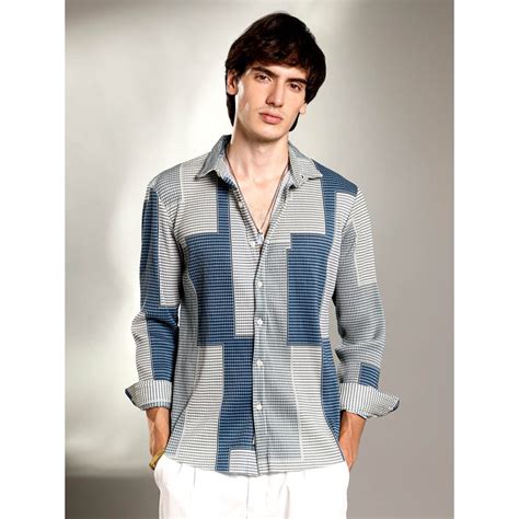 Buy Campus Sutra Mens Cloud Grey and Lapis Blue Retro-Pleat Shirt Online