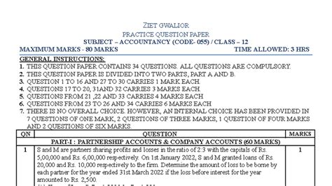 QP XII-ACC 1: Practice Question Paper for Class 12 Accountancy - Studocu