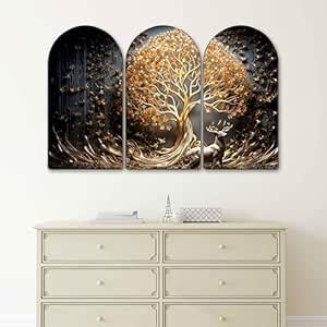 Livin'luxe Golden Tree & Deer Arch Shape Wall Painting Set of 3 ...