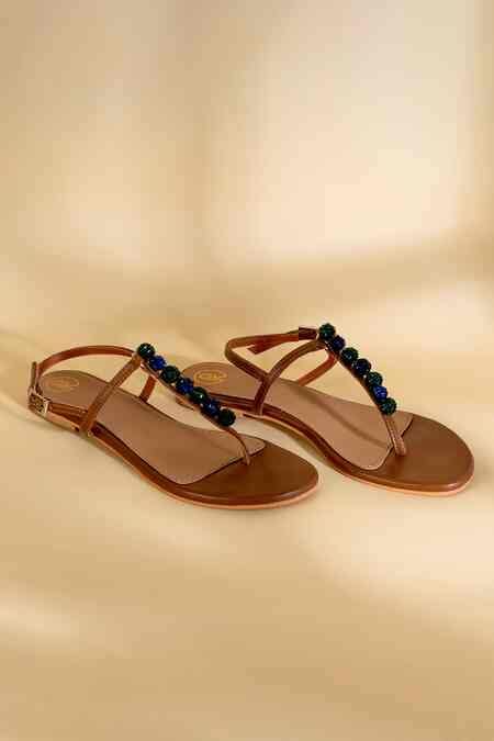 Buy PREET KAUR Tan T Strap Flats With Cutdana Embellishments Online ...