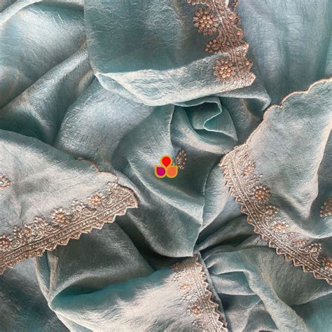 Resham Blush Blue Crinkled Tissue Embroidered Organza Dupatta – anokherang