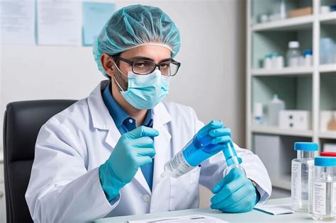 Microbiologist with a tube of biological sample contaminated by ...