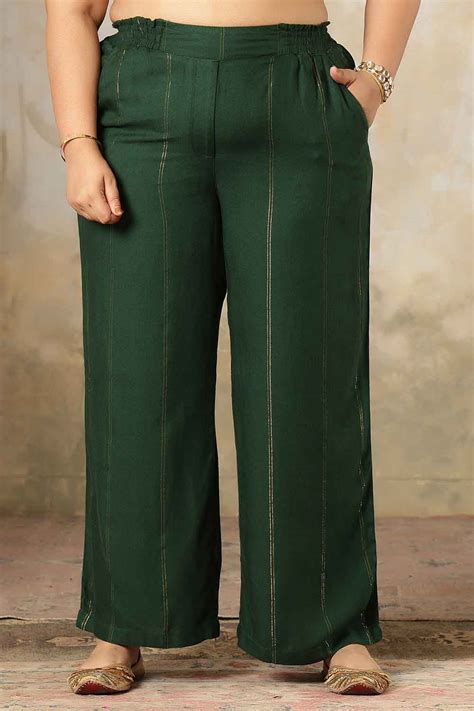 Plus Size Emerald Green Golden Pin Striped High Waist Pants