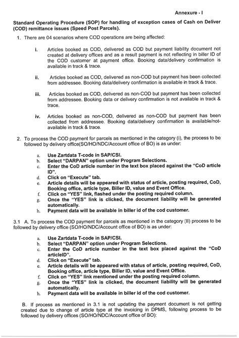 SOP for handling of exception cases of Cash on Delivery (COD ...