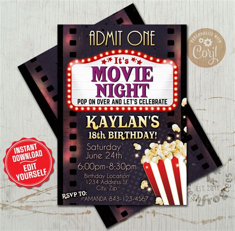 Movie Birthday Party Invitation Template Editable Movie Night Birthday