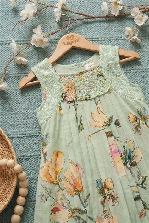 Girls Mint Green Floral Printed Dress with Smocked Yoke – Lagorii Kids