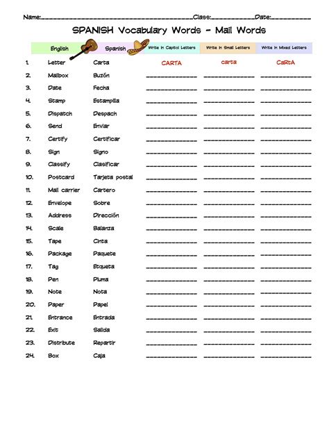 Spanish Mail Vocabulary Word List Column Worksheet | Made By Teachers