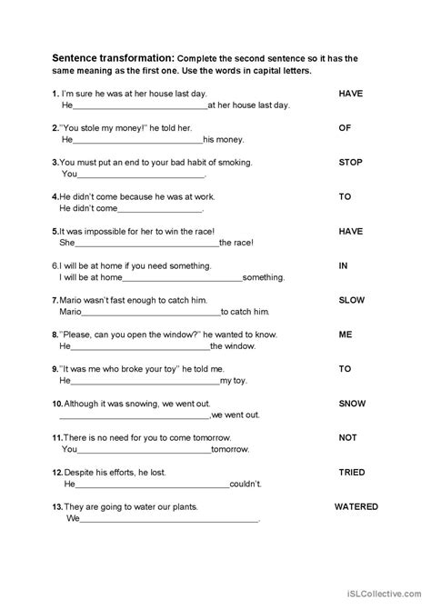 Sentence transformation B2: English ESL worksheets pdf & doc