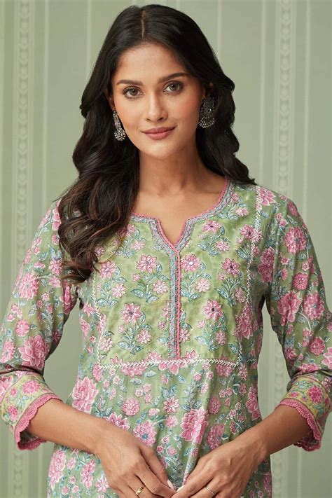Buy Green Hand Block-Printed Straight Cotton Kurta for Women | FGMK24 ...