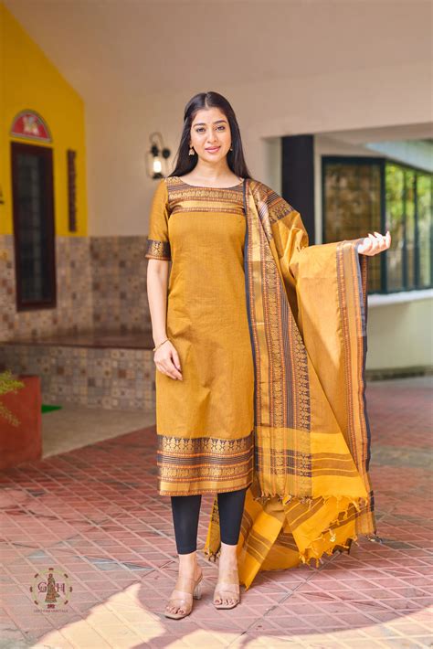 Mustard Yellow Premium Cotton 2 Piece (Top and Dupatta) – Geetham Heritage