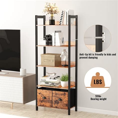 Buy Furologee 5-Tier Bookshelf, Tall Bookcase with 2 Storage Drawers ...