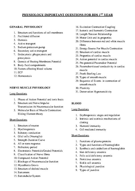 Important Questions in Physiology for BDS 1st Year (General Physiology ...